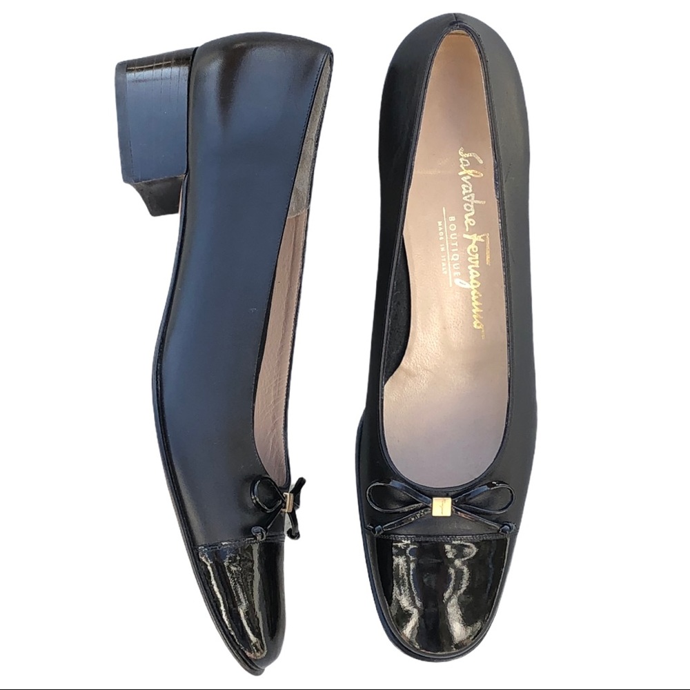 Salvatore Ferragamo Black Leather Heeled Ballet Flat With Bow 8.5